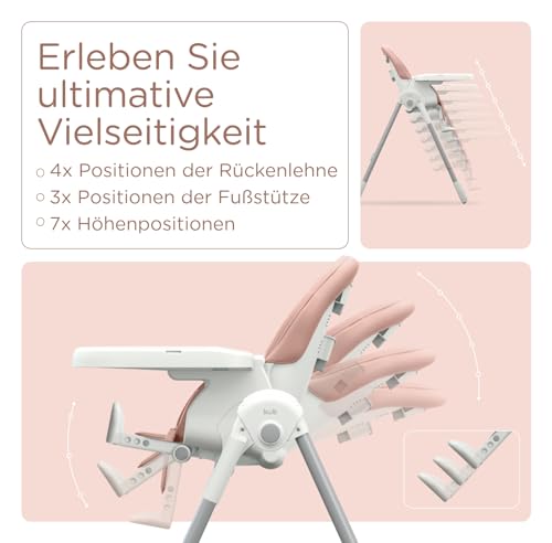 KÜB 3-in-1 Faltbarer Hochstuhl für Babys | Multifunktionaler Kinderhochstuhl für Kleinkinder | Sitz und Tablett Abnehmbar | 7-fach höhenverstellbar & 4-fach neigbar | 2 feststellbare Räder (Rosa) - 2