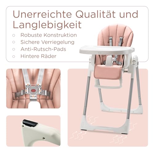 KÜB 3-in-1 Faltbarer Hochstuhl für Babys | Multifunktionaler Kinderhochstuhl für Kleinkinder | Sitz und Tablett Abnehmbar | 7-fach höhenverstellbar & 4-fach neigbar | 2 feststellbare Räder (Rosa) - 4