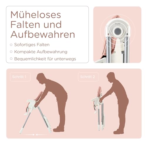 KÜB 3-in-1 Faltbarer Hochstuhl für Babys | Multifunktionaler Kinderhochstuhl für Kleinkinder | Sitz und Tablett Abnehmbar | 7-fach höhenverstellbar & 4-fach neigbar | 2 feststellbare Räder (Rosa) - 5