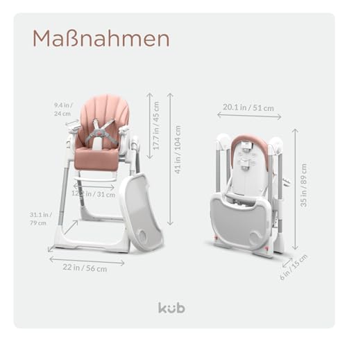 KÜB 3-in-1 Faltbarer Hochstuhl für Babys | Multifunktionaler Kinderhochstuhl für Kleinkinder | Sitz und Tablett Abnehmbar | 7-fach höhenverstellbar & 4-fach neigbar | 2 feststellbare Räder (Rosa) - 8