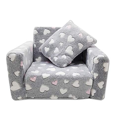 Odolplusz Kindersessel Mini-Sessel Kinderstuhl Relaxsessel Kuschelsessel (Herzen grau + Weiss/pink) - 2