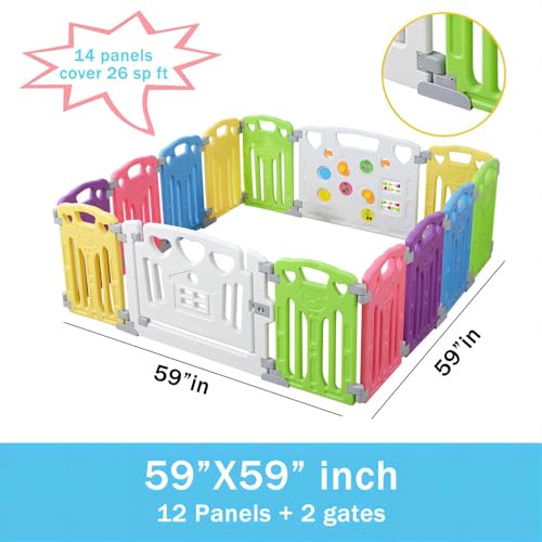 Laufgitter Laufstall Baby Absperrgitter Krabbelgitter Schutzgitter für Kinder aus Kunststoff mit Tür und Spielzeugboard (Klassisch-Set 14-Paneele) - 2