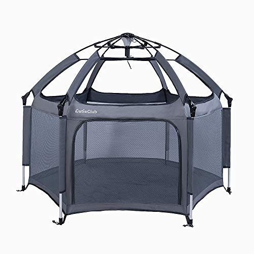 CutieClub Laufstall Baby Faltbar mit Matratze, Klappbar Laufgitter für Babys und Kinder 6 Eckig Playpen mit Anti-UV-Überdachung für Drinnen und Draußen (Grau) - 2
