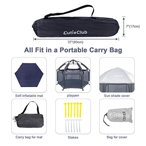CutieClub Laufstall Baby Faltbar mit Matratze, Klappbar Laufgitter für Babys und Kinder 6 Eckig Playpen mit Anti-UV-Überdachung für Drinnen und Draußen (Grau) - 3