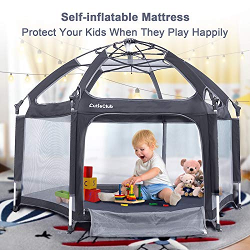 CutieClub Laufstall Baby Faltbar mit Matratze, Klappbar Laufgitter für Babys und Kinder 6 Eckig Playpen mit Anti-UV-Überdachung für Drinnen und Draußen (Grau) - 4