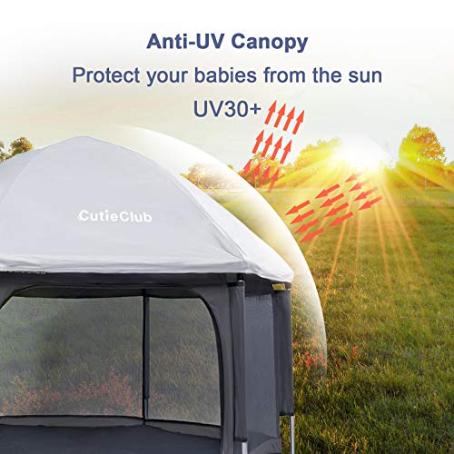 CutieClub Laufstall Baby Faltbar mit Matratze, Klappbar Laufgitter für Babys und Kinder 6 Eckig Playpen mit Anti-UV-Überdachung für Drinnen und Draußen (Grau) - 5
