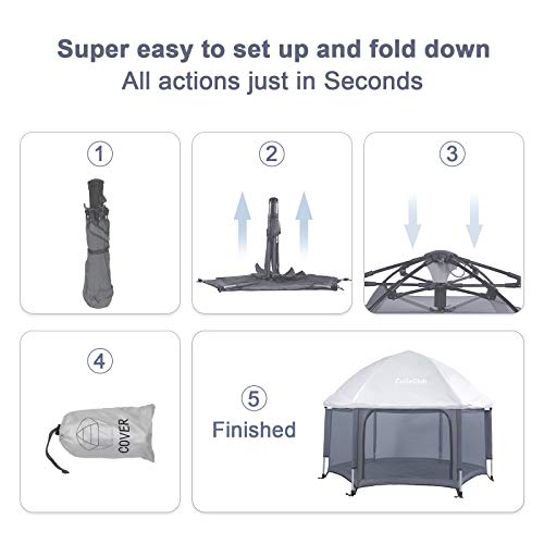 CutieClub Laufstall Baby Faltbar mit Matratze, Klappbar Laufgitter für Babys und Kinder 6 Eckig Playpen mit Anti-UV-Überdachung für Drinnen und Draußen (Grau) - 6