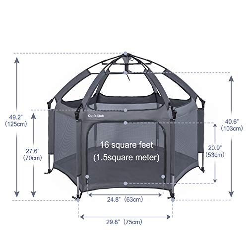 CutieClub Laufstall Baby Faltbar mit Matratze, Klappbar Laufgitter für Babys und Kinder 6 Eckig Playpen mit Anti-UV-Überdachung für Drinnen und Draußen (Grau) - 7