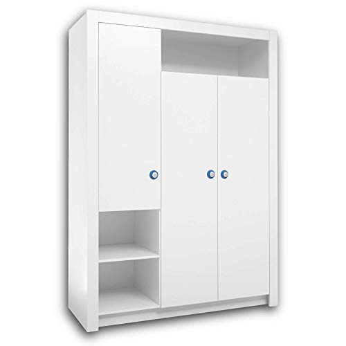 Stella Trading PAULA Eleganter Babyzimmer Kleiderschrank 3-türig - Vielseitiger Drehtürenschrank mit viel Stauraum in Weiß - 137 x 195 x 56 cm (B/H/T) - 2