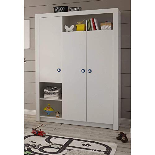 Stella Trading PAULA Eleganter Babyzimmer Kleiderschrank 3-türig - Vielseitiger Drehtürenschrank mit viel Stauraum in Weiß - 137 x 195 x 56 cm (B/H/T) - 6