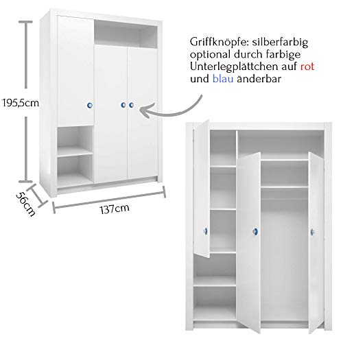 Stella Trading PAULA Eleganter Babyzimmer Kleiderschrank 3-türig - Vielseitiger Drehtürenschrank mit viel Stauraum in Weiß - 137 x 195 x 56 cm (B/H/T) - 3