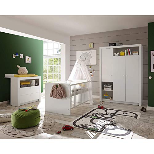 Stella Trading PAULA Eleganter Babyzimmer Kleiderschrank 3-türig - Vielseitiger Drehtürenschrank mit viel Stauraum in Weiß - 137 x 195 x 56 cm (B/H/T) - 7