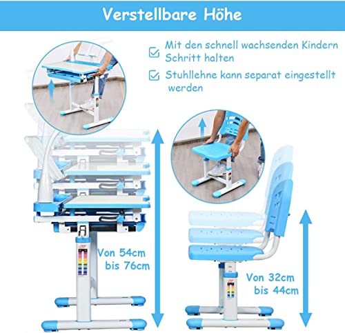 COSTWAY Kinderschreibtisch höhenverstellbar, Schülerschreibtisch mit Lampe, Kindermöbel neigungsverstellbar, Kindertisch mit Stuhl, Schreibtisch mit Schublade, Farbewahl (Hellblau) - 3