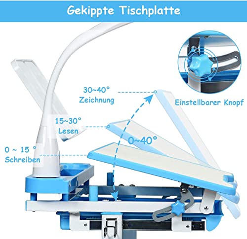 COSTWAY Kinderschreibtisch höhenverstellbar, Schülerschreibtisch mit Lampe, Kindermöbel neigungsverstellbar, Kindertisch mit Stuhl, Schreibtisch mit Schublade, Farbewahl (Hellblau) - 4