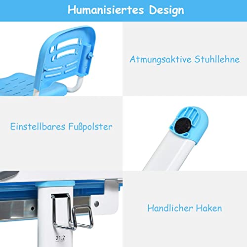 COSTWAY Kinderschreibtisch höhenverstellbar, Schülerschreibtisch mit Lampe, Kindermöbel neigungsverstellbar, Kindertisch mit Stuhl, Schreibtisch mit Schublade, Farbewahl (Hellblau) - 5