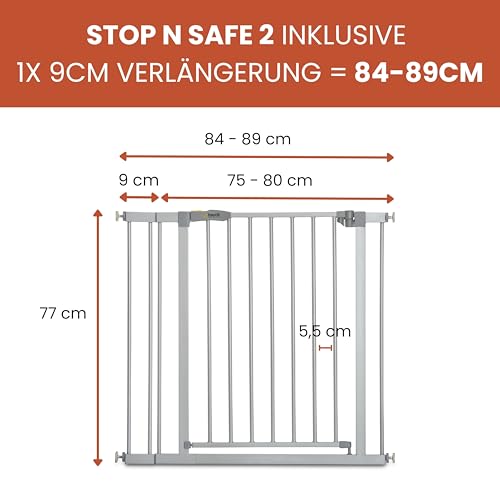 Hauck Treppenschutzgitter / Türschutzgitter Stop N Safe 2 incl. 9 cm Verlängerung, für Breiten 84 – 89 cm, ohne Bohren, Einhändiges Öffnen, Beidseitig Schwenkbar, Metall, Grau - 2