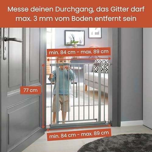 Hauck Treppenschutzgitter / Türschutzgitter Stop N Safe 2 incl. 9 cm Verlängerung, für Breiten 84 – 89 cm, ohne Bohren, Einhändiges Öffnen, Beidseitig Schwenkbar, Metall, Grau - 3
