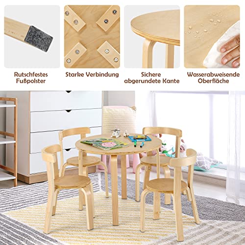 DREAMADE Kindertisch mit 4 Stühlen, Kindersitzgruppe aus Massivholz, Kindermöbel Set, Sitzgruppe für Kinder Mädchen und Jungen (Natur) - 4