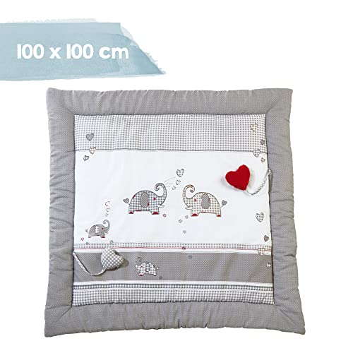 roba Spiel- & Krabbeldecke Jumbotwins - 100 x 100 cm - Gepolsterte Spieldecke für Babys - Spielunterlage mit Elefanten Motiv aus Baumwolle - inkl. Baby-Spielzeug - 3